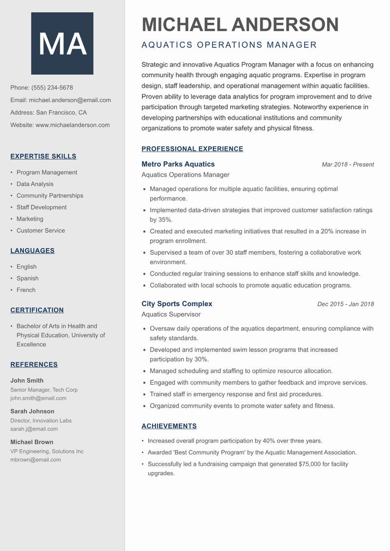 Aquatics Program Manager resume template — Creative Minimal