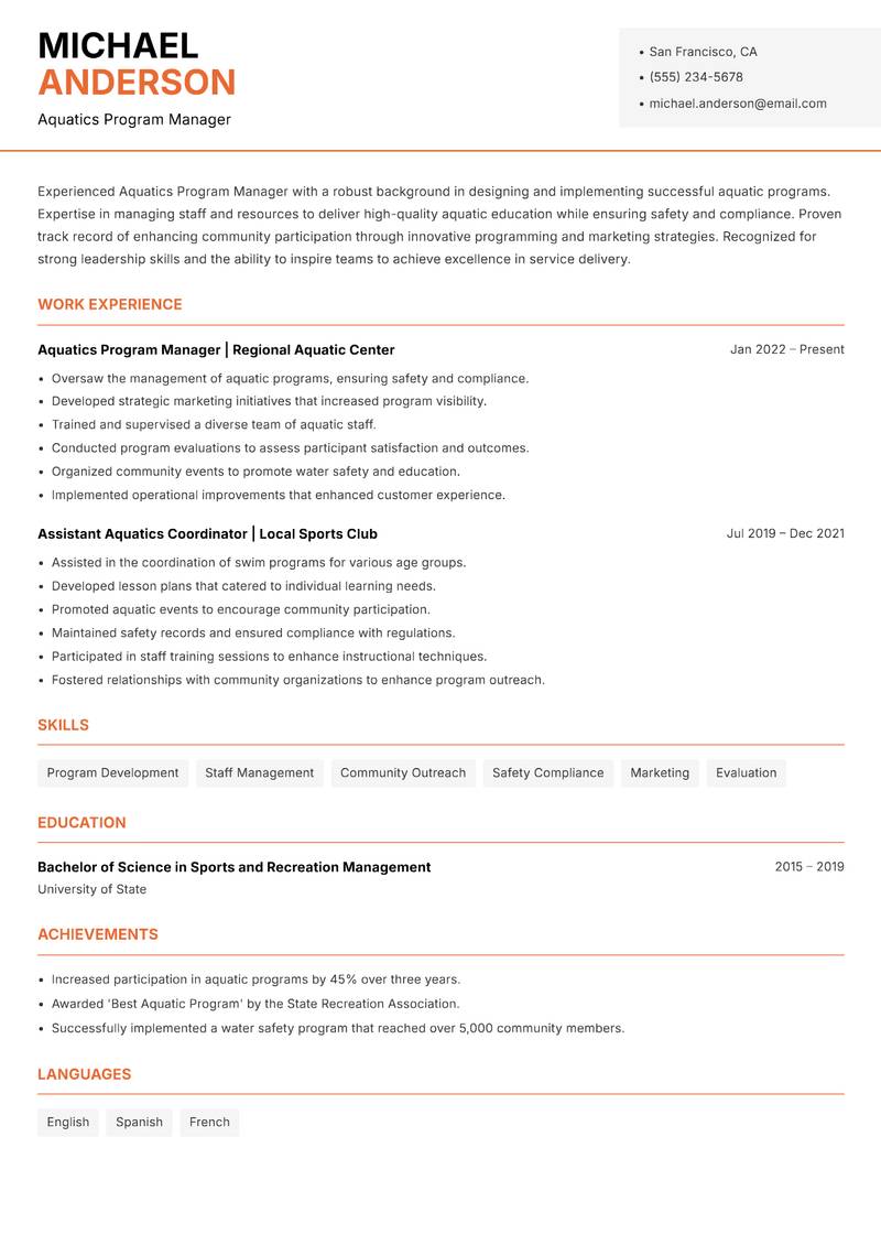 Aquatics Program Manager resume template — Modern Professional