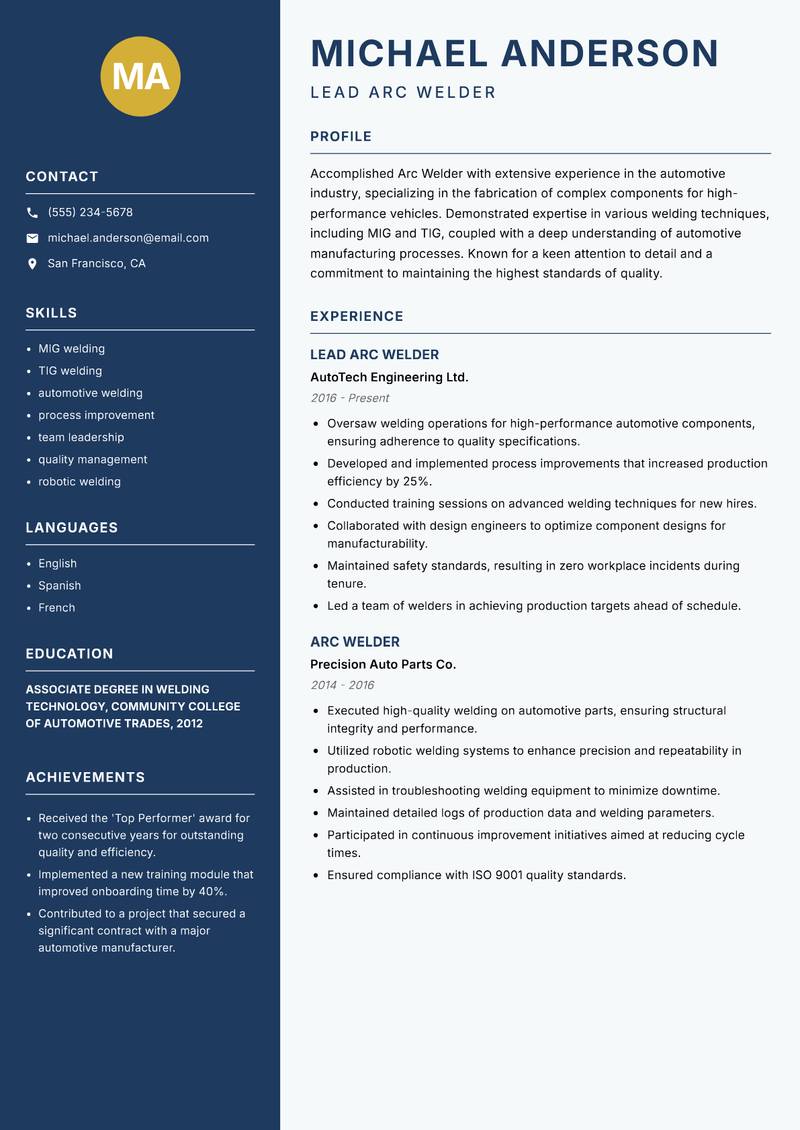 Arc Welder resume template — Classic Clean