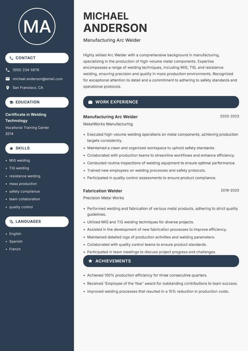 Arc Welder resume template — Compact