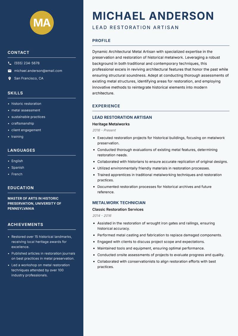Architectural Metal Artisan resume template — Classic Clean