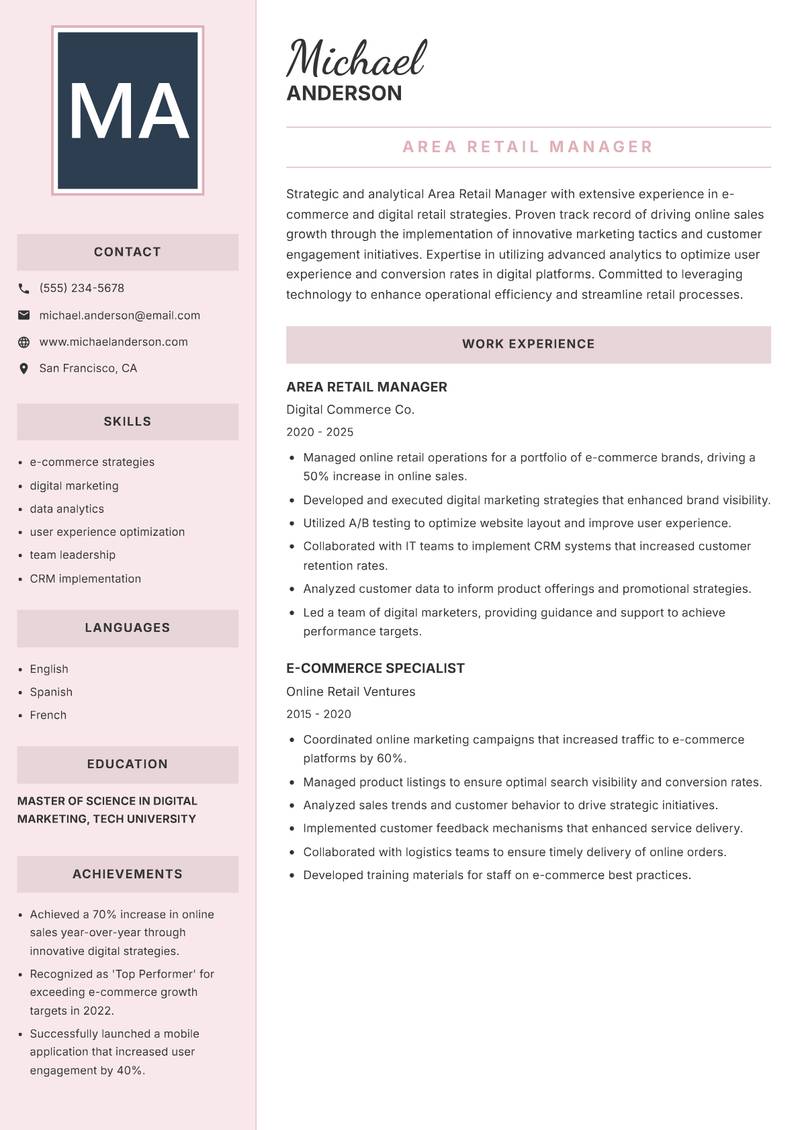 Area Retail Manager resume template — Executive
