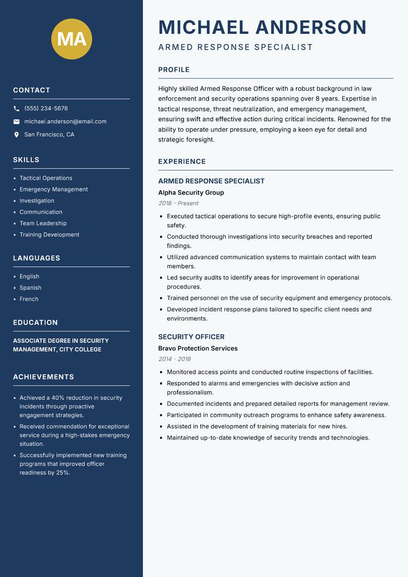 Armed Response Officer resume template — Classic Clean