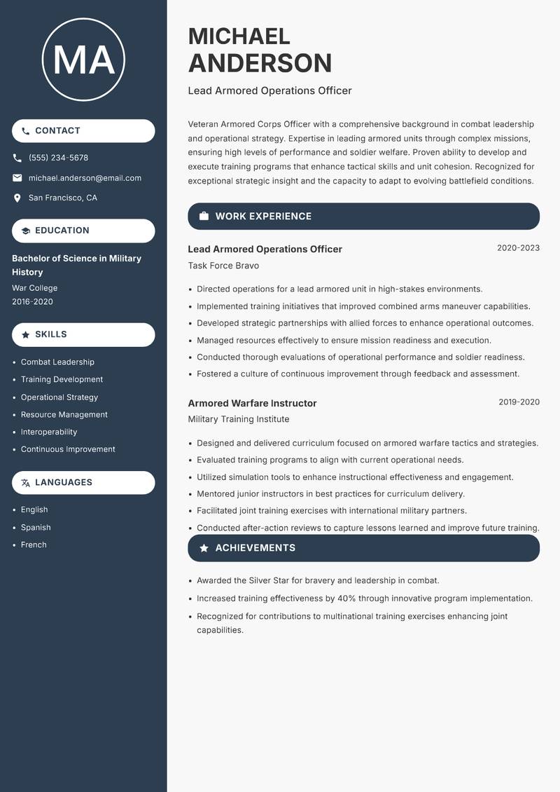 Armored Corps Officer resume template — Compact