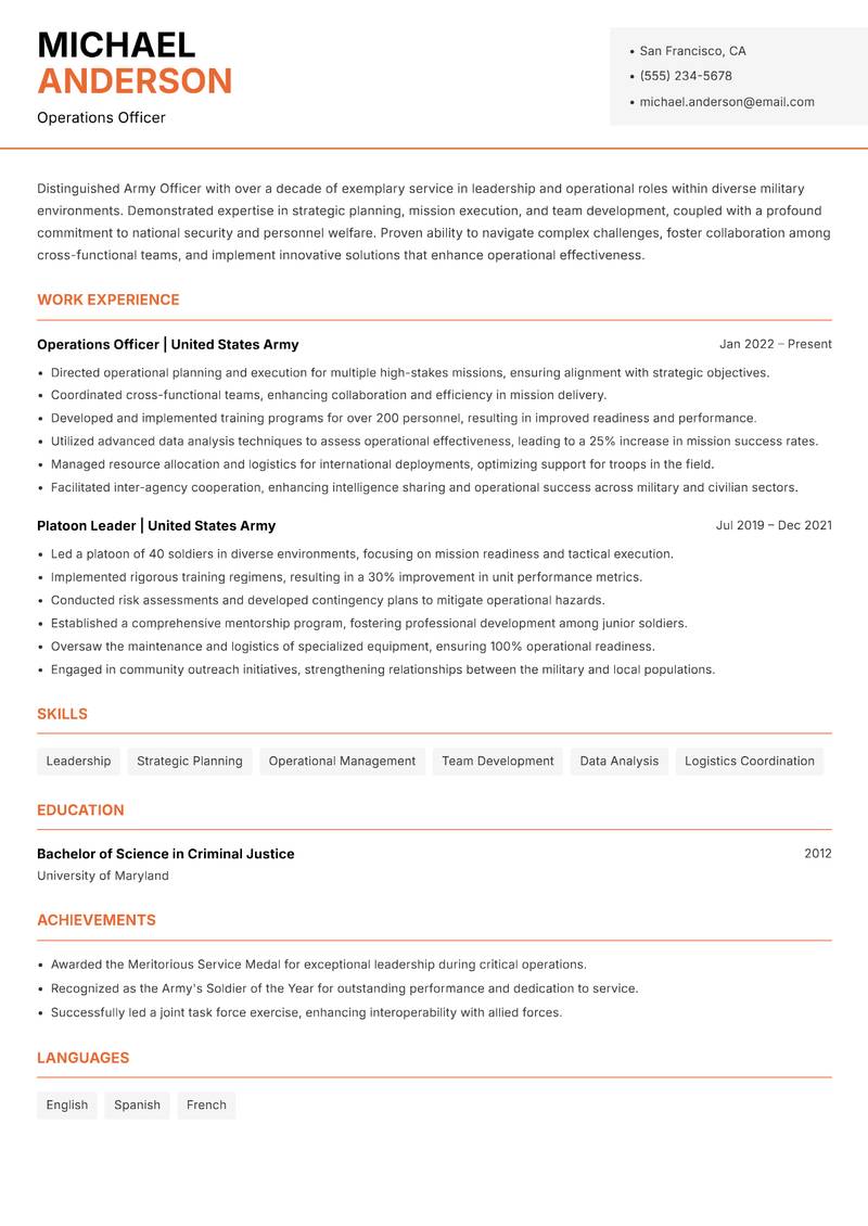 Army Officer resume template — Modern Professional
