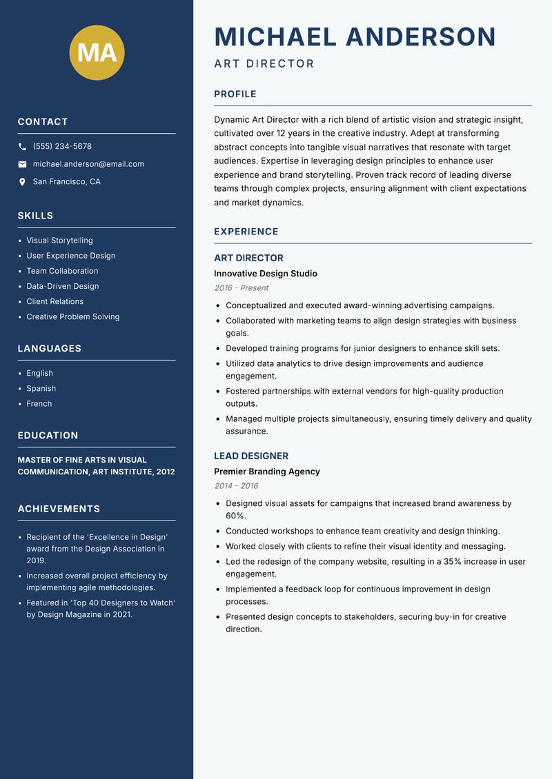 Art Director resume template — Classic Clean