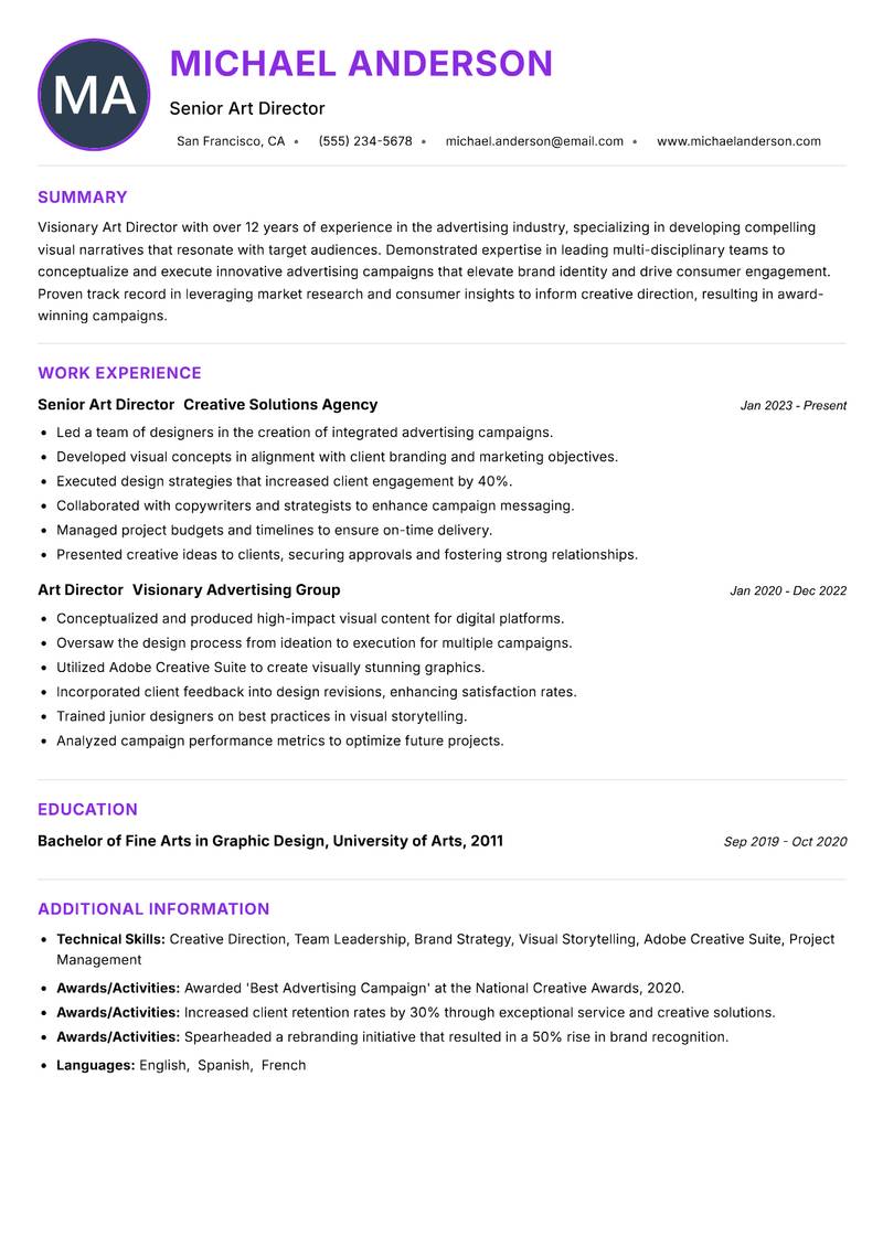 Art Director Advertising resume example — ATS-friendly template