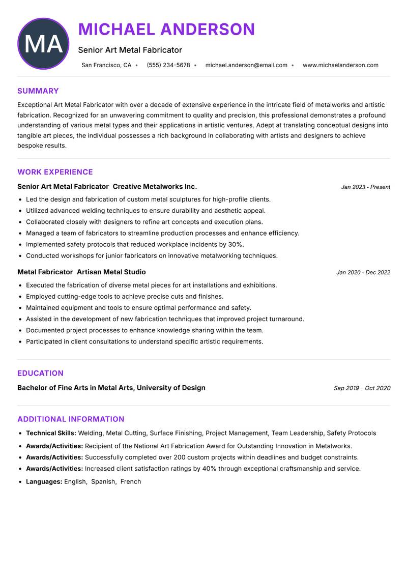 Art Metal Fabricator resume example — ATS-friendly template