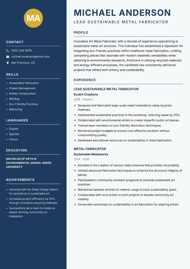 Art Metal Fabricator resume template — Classic Clean