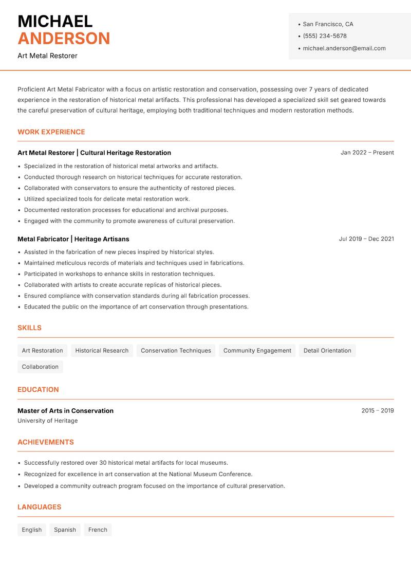 Art Metal Fabricator resume template — Modern Professional