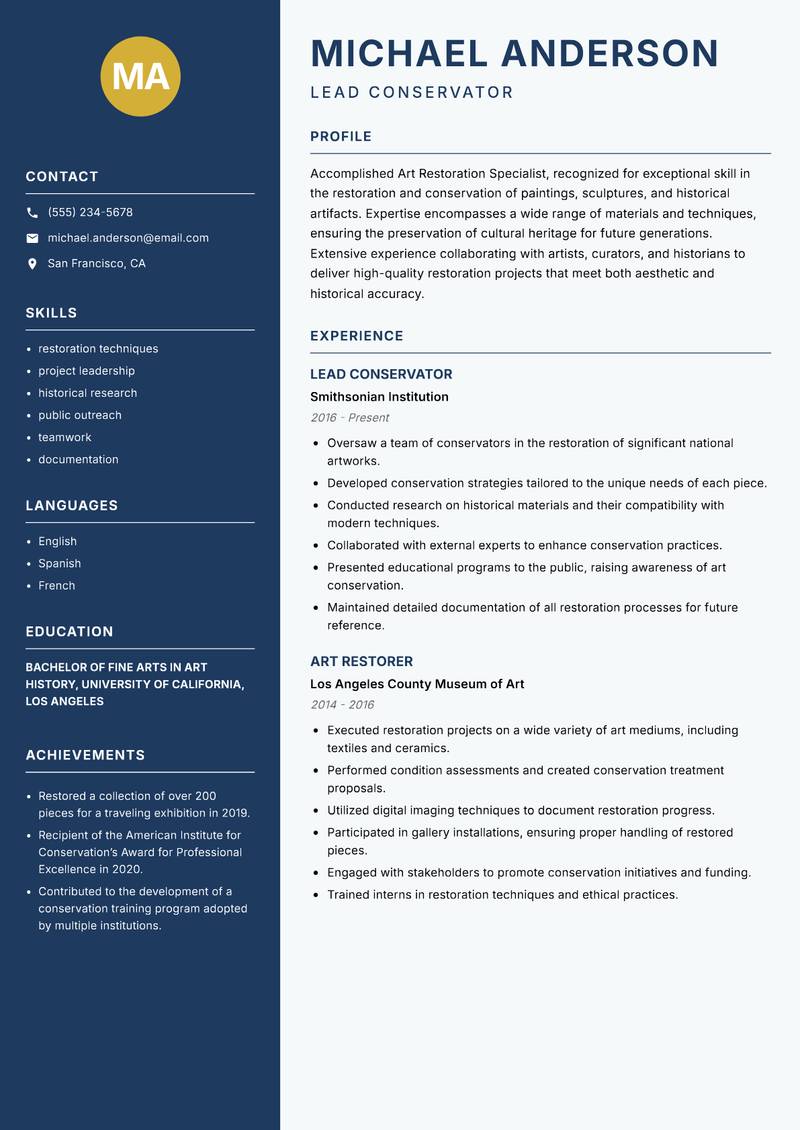 Art Restoration Specialist resume template — Classic Clean