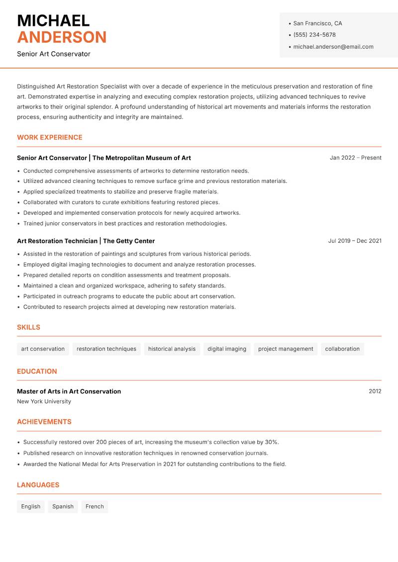 Art Restoration Specialist resume template — Modern Professional