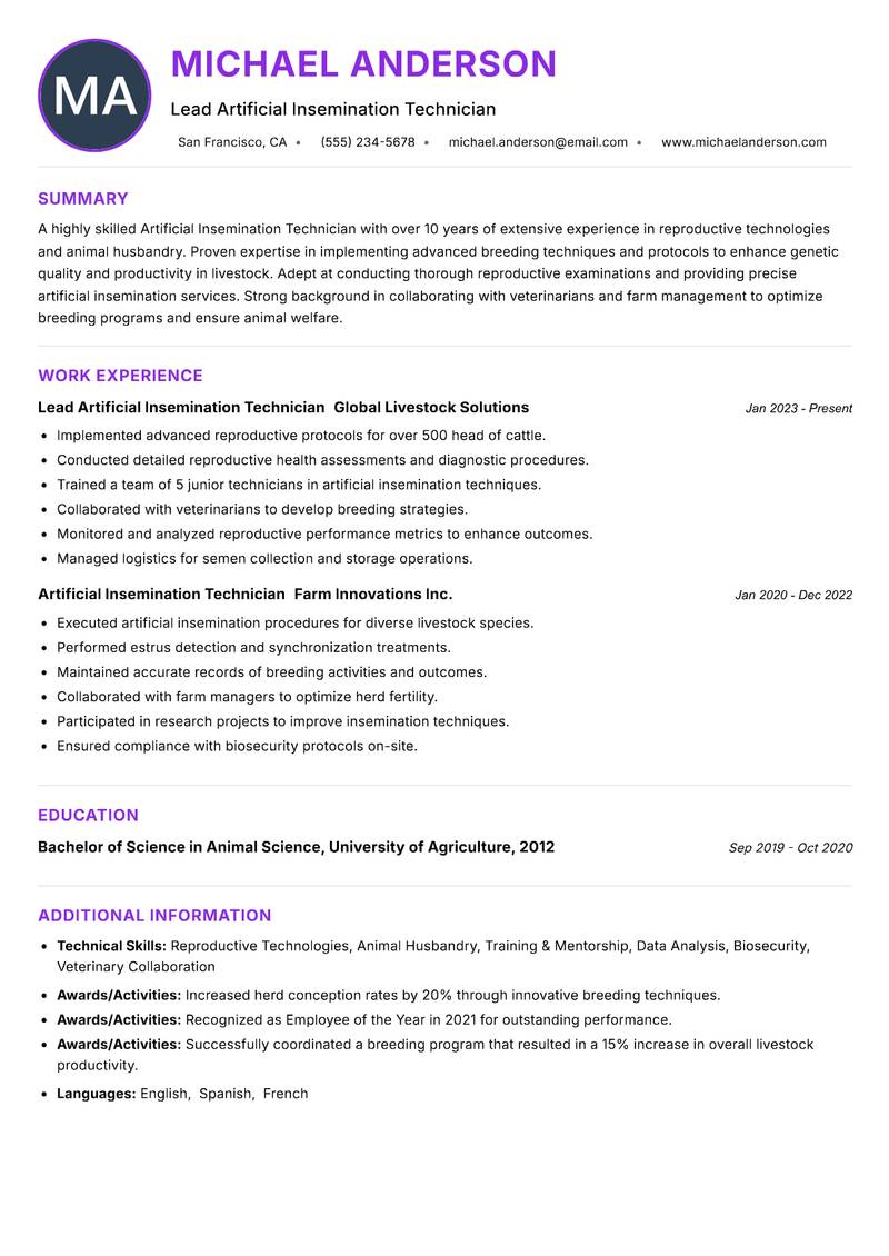 Artificial Insemination Technician resume example — ATS-friendly template