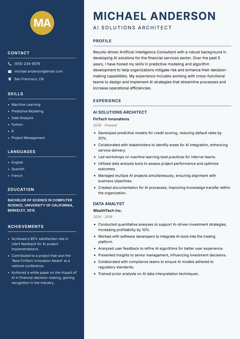 Artificial Intelligence Consultant resume template — Classic Clean