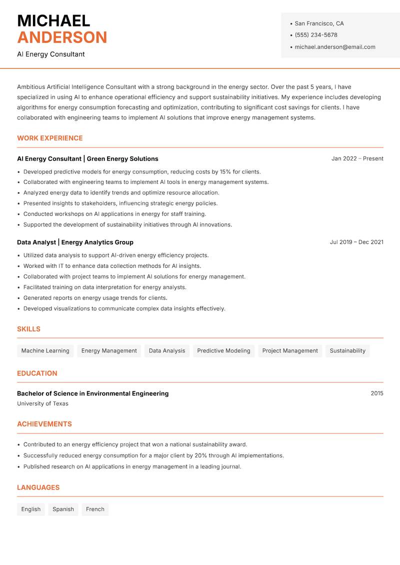 Artificial Intelligence Consultant resume template — Modern Professional