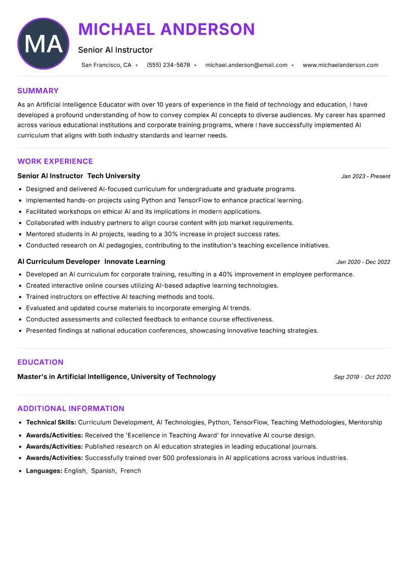 Artificial Intelligence Educator resume example — ATS-friendly template