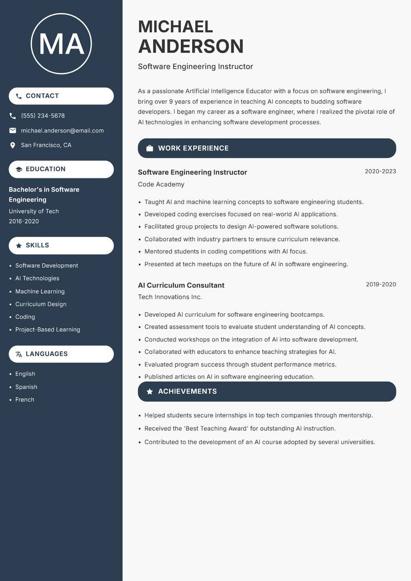 Artificial Intelligence Educator resume template — Compact