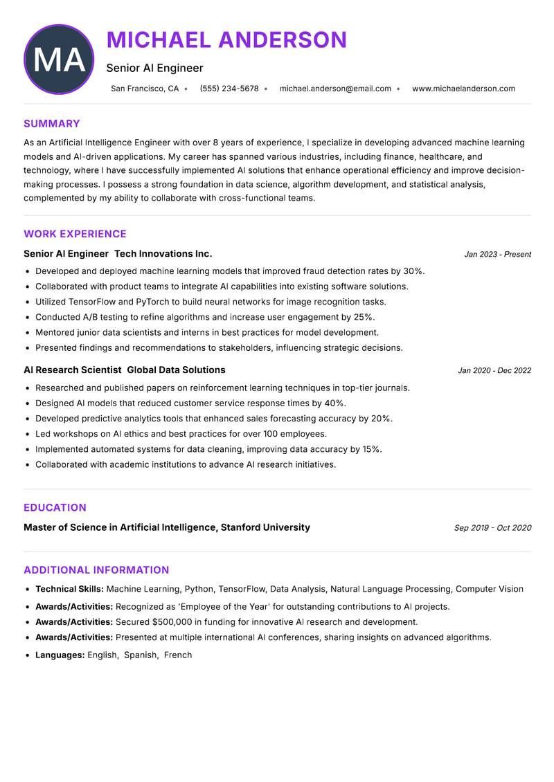 Artificial Intelligence Engineer resume example — ATS-friendly template