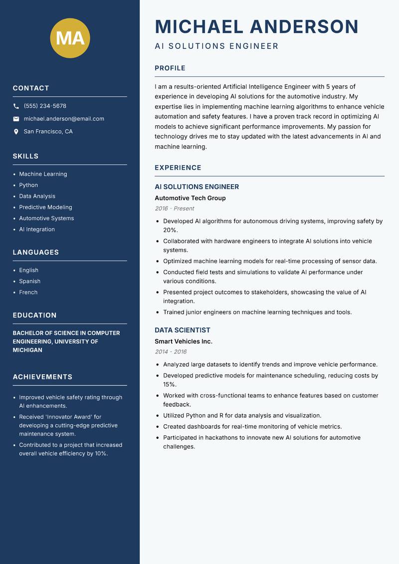 Artificial Intelligence Engineer resume template — Classic Clean