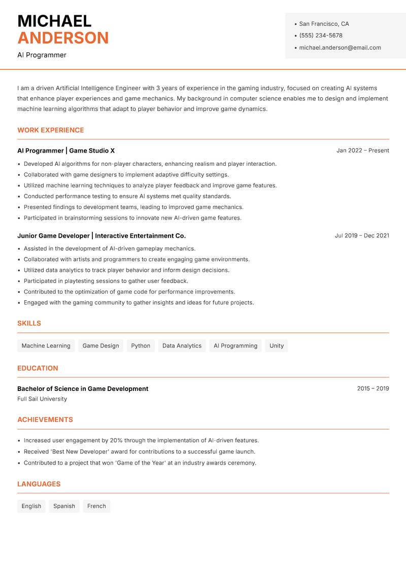 Artificial Intelligence Engineer resume template — Modern Professional