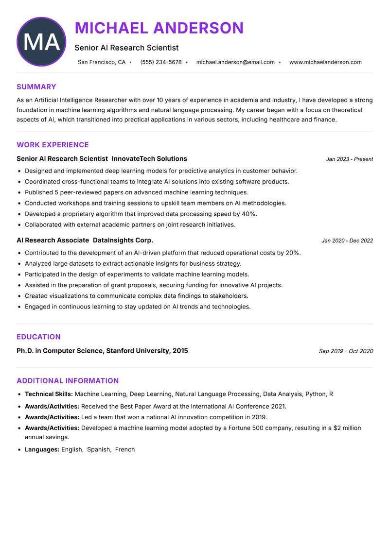 Artificial Intelligence Researcher resume example — ATS-friendly template