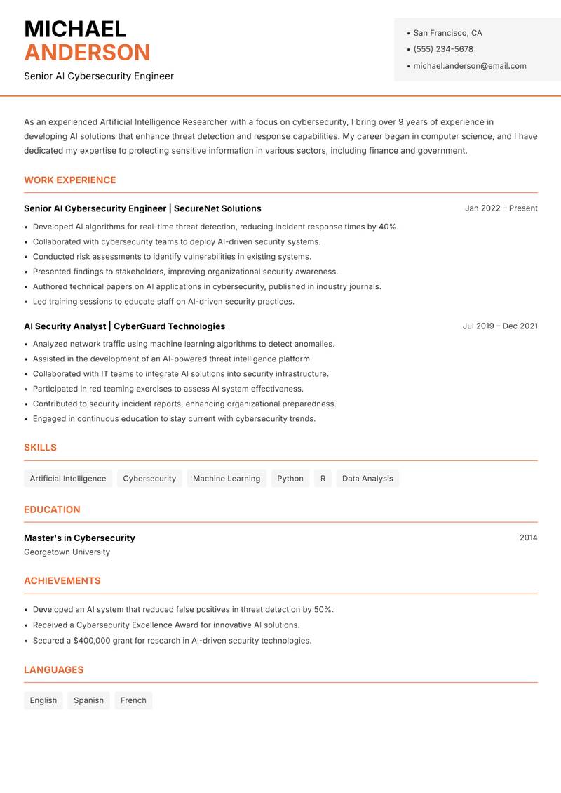 Artificial Intelligence Researcher resume template — Modern Professional