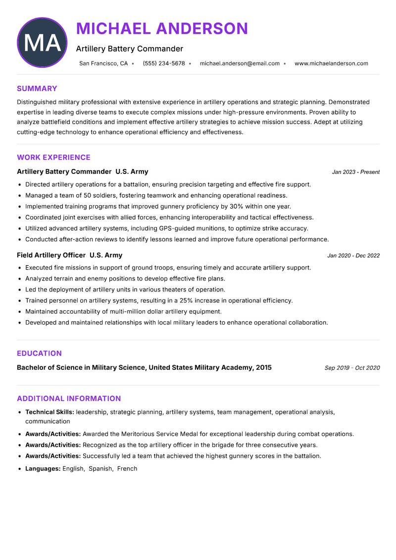 Artillery Officer resume example — ATS-friendly template