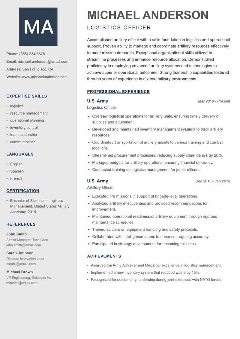 Artillery Officer resume template — Creative Minimal