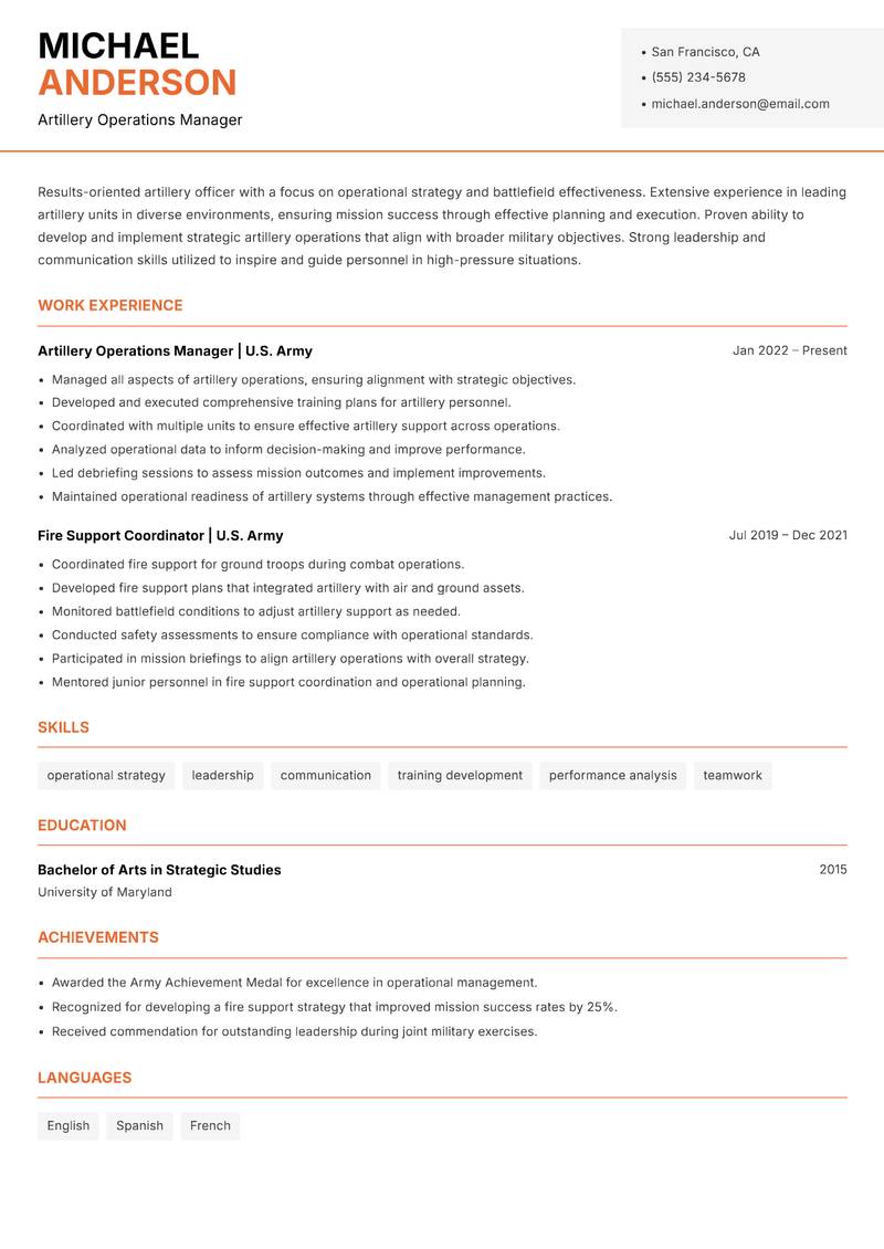 Artillery Officer resume template — Modern Professional