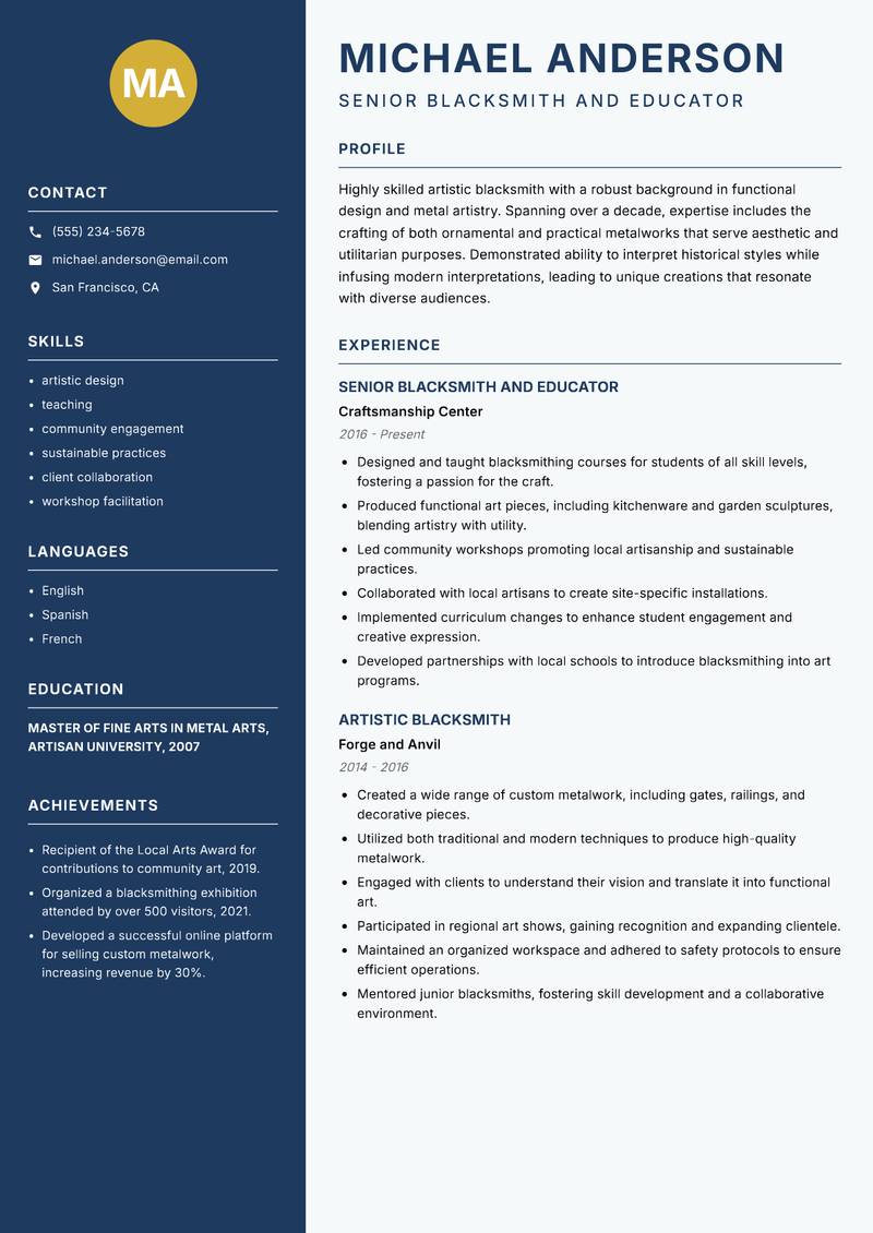 Artistic Blacksmith resume template — Classic Clean
