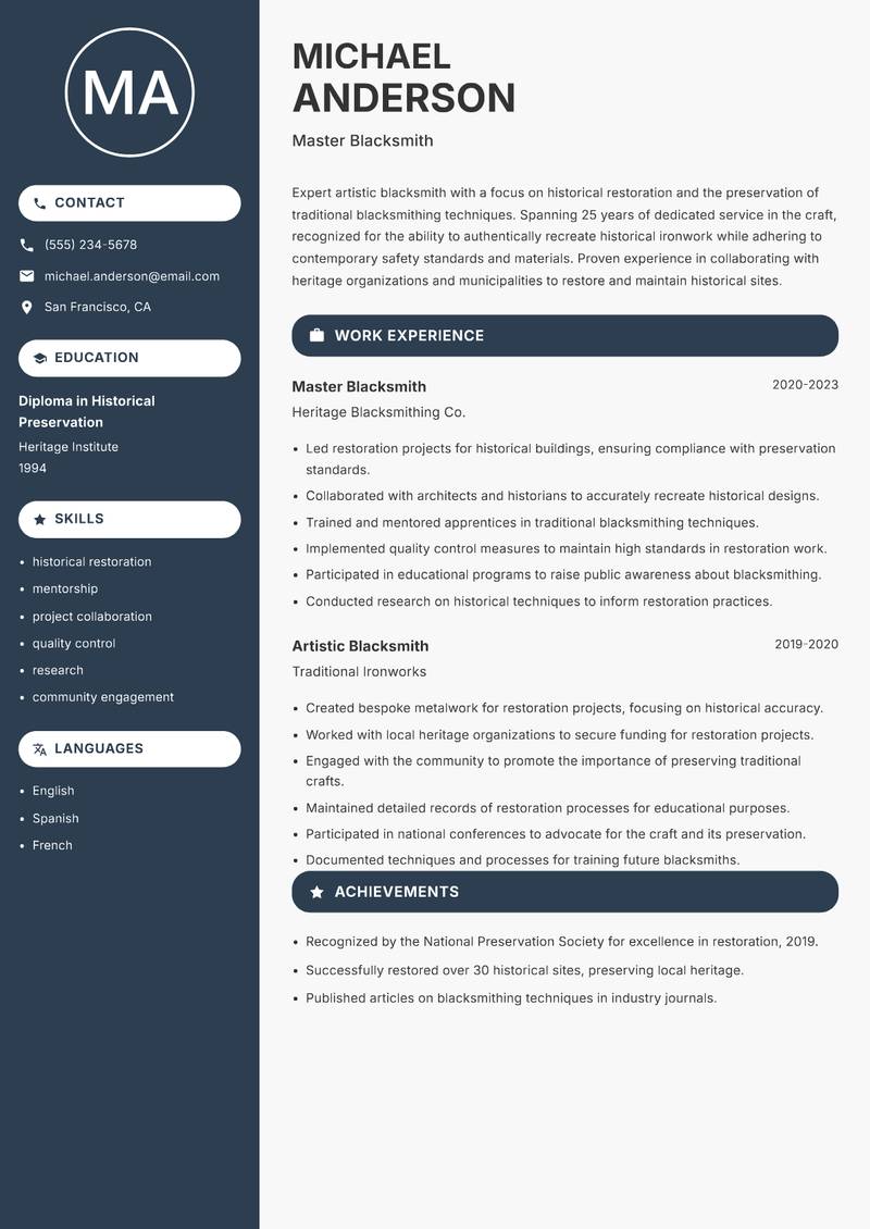 Artistic Blacksmith resume template — Compact