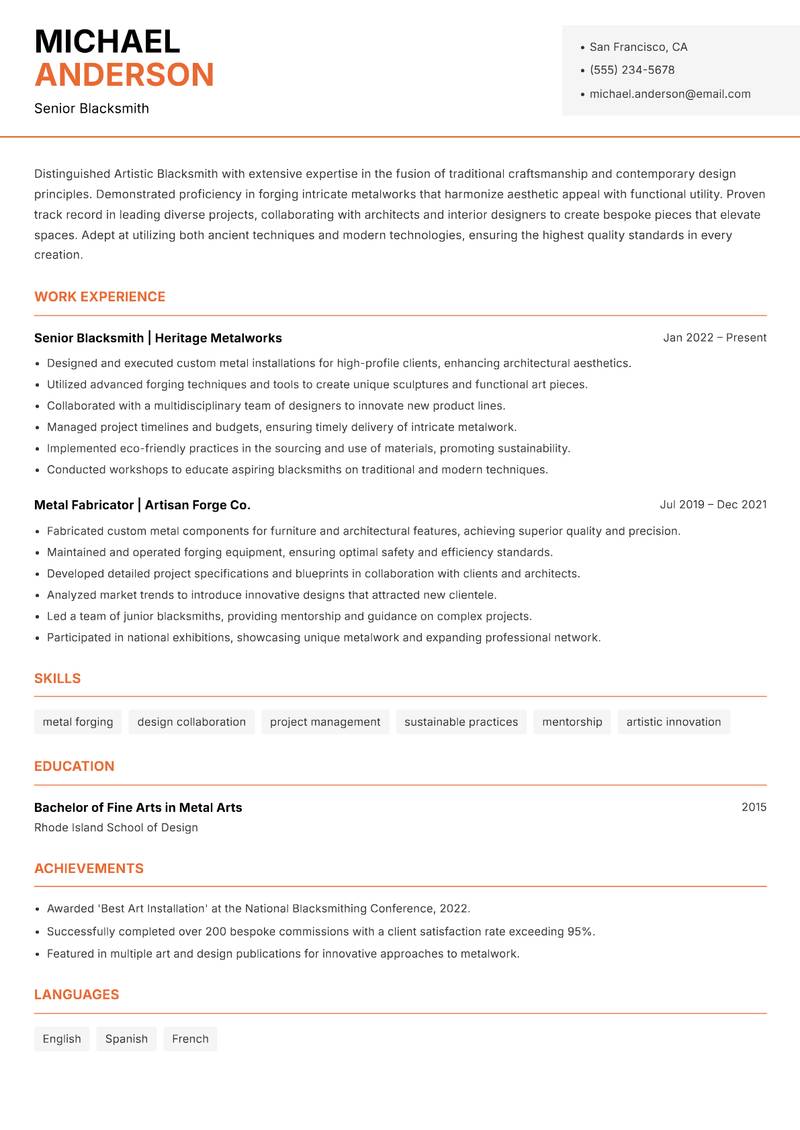 Artistic Blacksmith resume template — Modern Professional