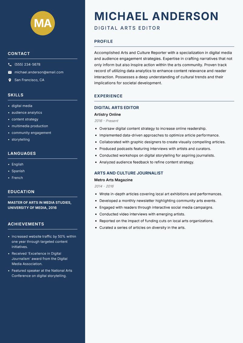 Arts and Culture Reporter resume template — Classic Clean