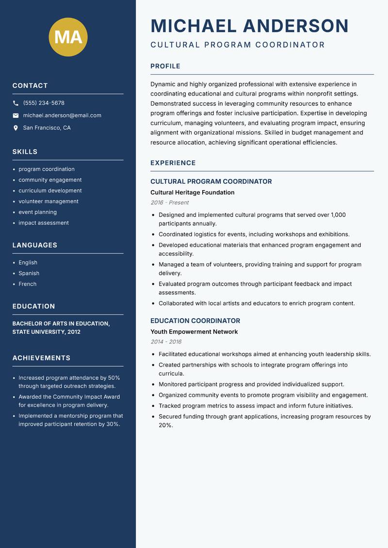 Ashram Program Coordinator resume template — Classic Clean