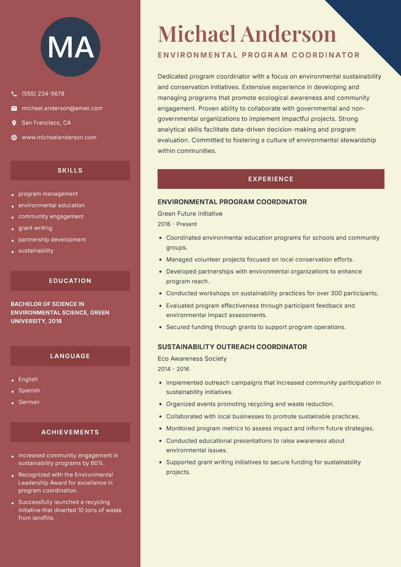 Ashram Program Coordinator resume template — Two Column