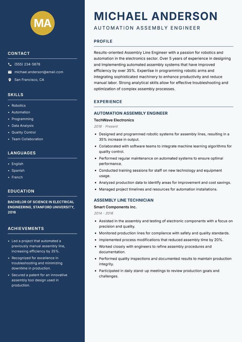Assembly Line Engineer resume template — Classic Clean