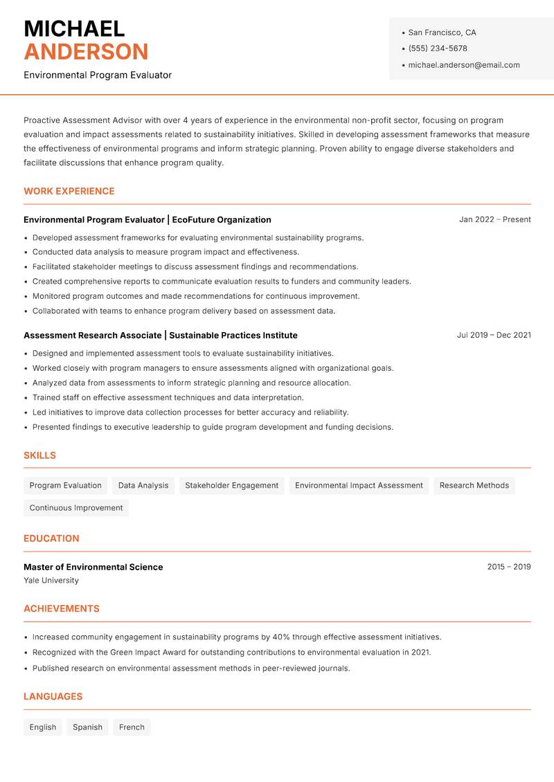 Assessment Advisor resume template — Modern Professional