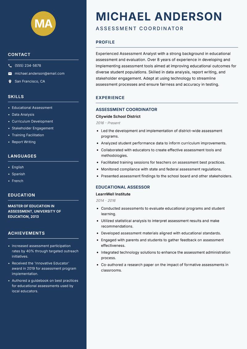 Assessment Analyst resume template — Classic Clean