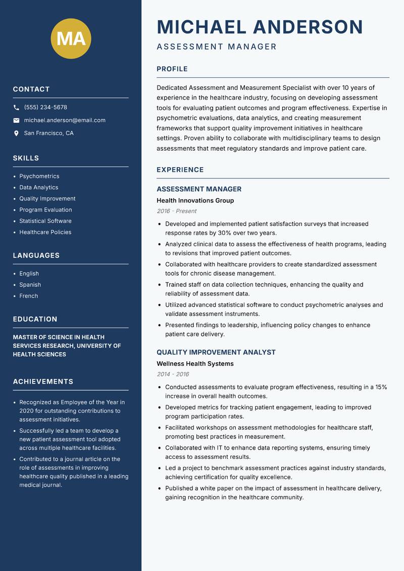 Assessment and Measurement Specialist resume template — Classic Clean