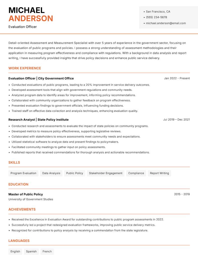 Assessment and Measurement Specialist resume template — Modern Professional