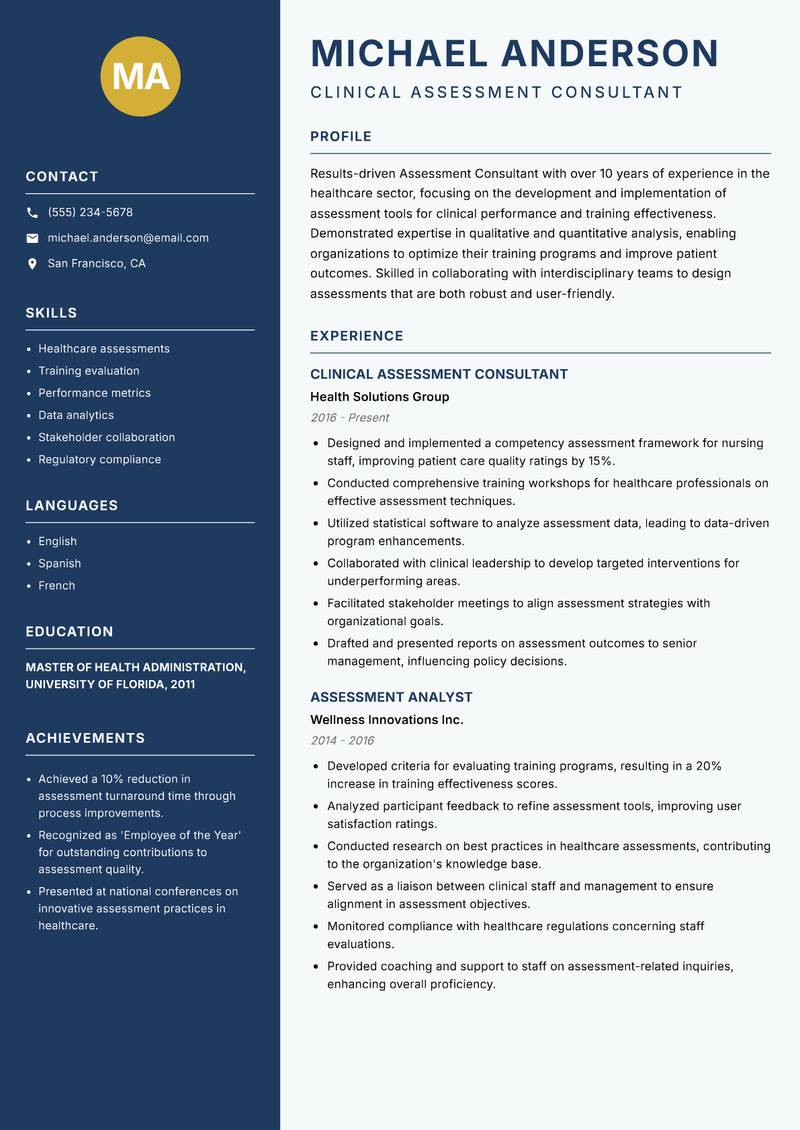 Assessment Consultant resume template — Classic Clean