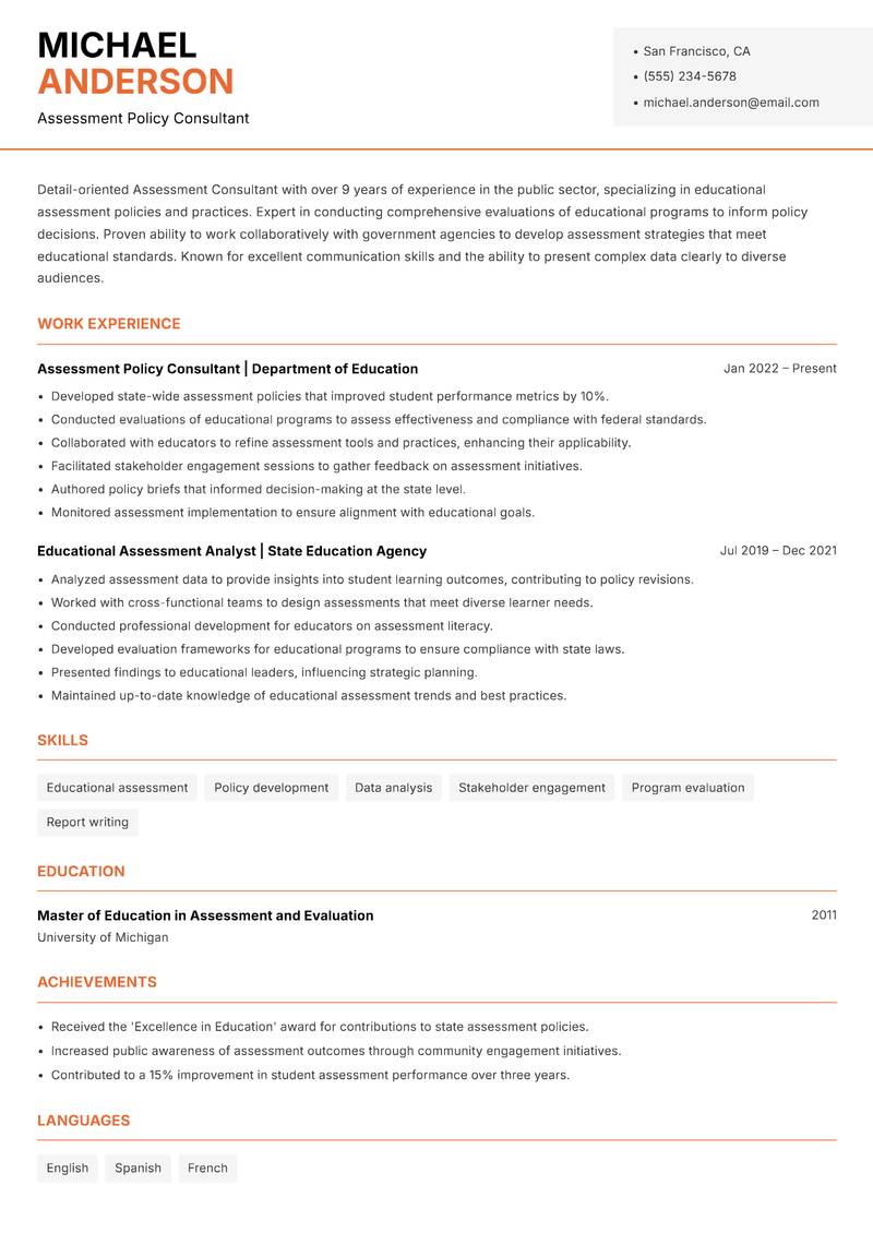 Assessment Consultant resume template — Modern Professional