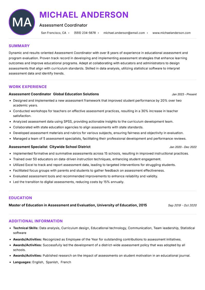 Assessment Coordinator resume example — ATS-friendly template