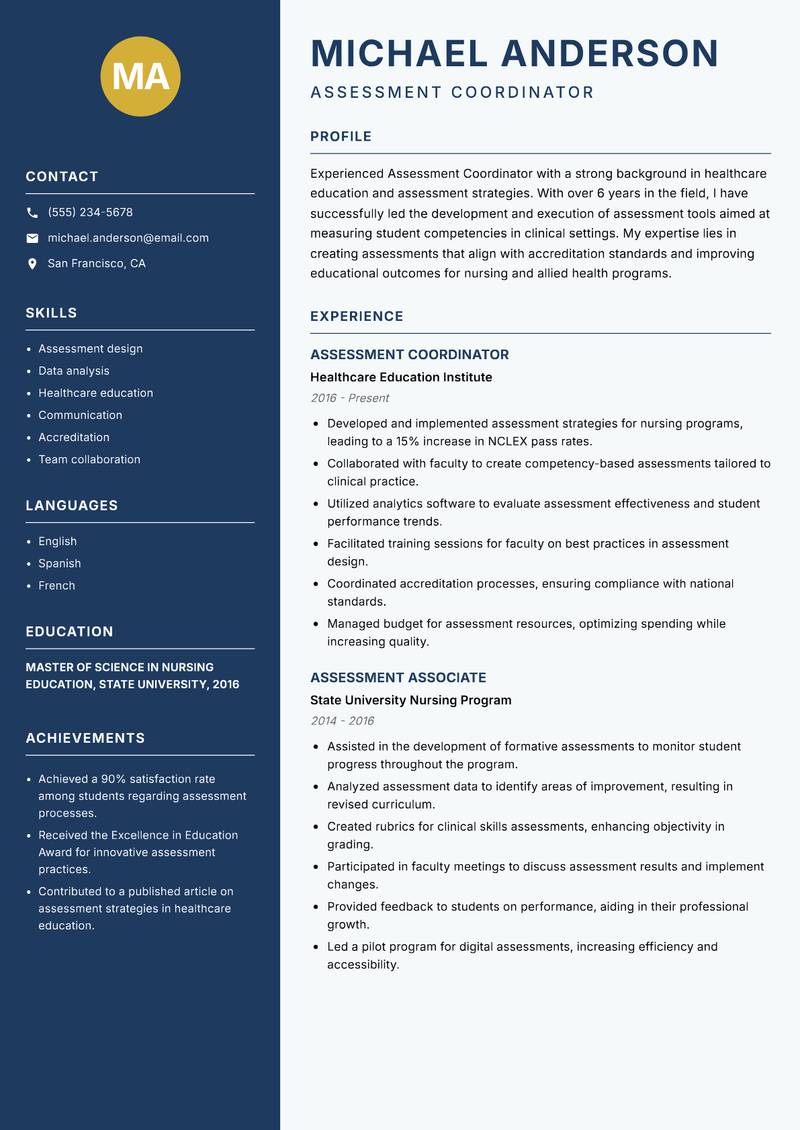 Assessment Coordinator resume template — Classic Clean