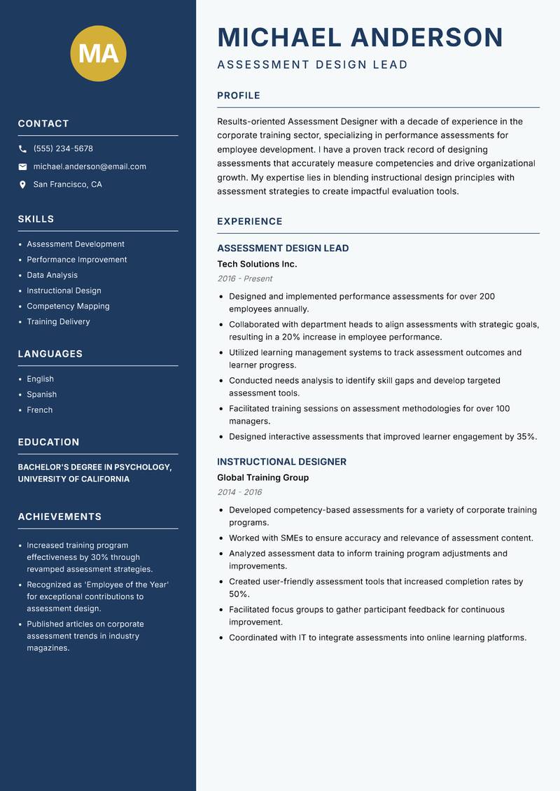 Assessment Designer resume template — Classic Clean
