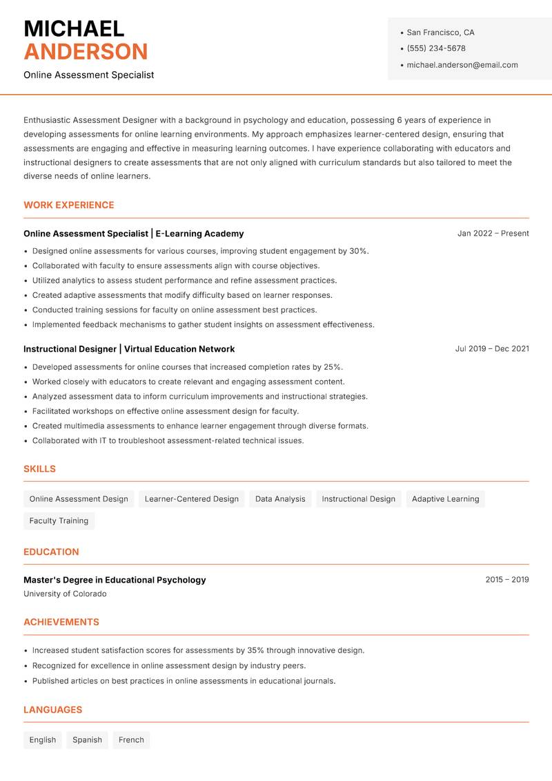 Assessment Designer resume template — Modern Professional