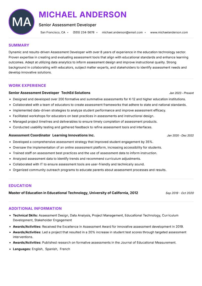 Assessment Developer resume example — ATS-friendly template