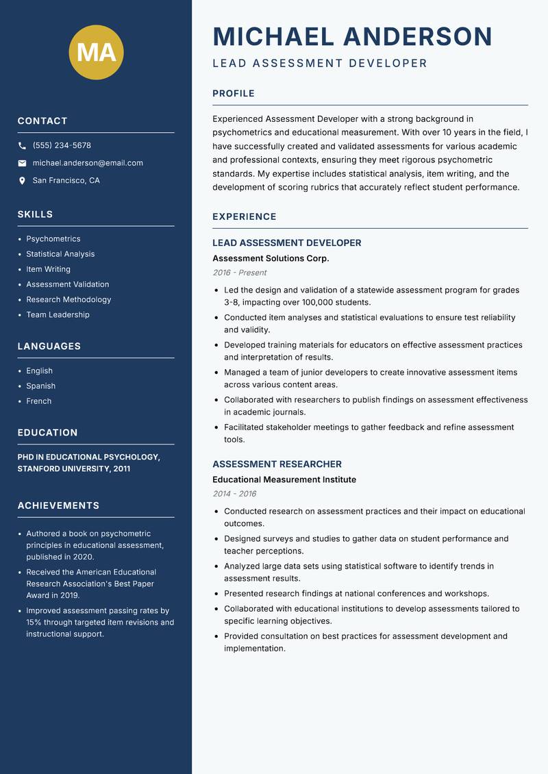 Assessment Developer resume template — Classic Clean