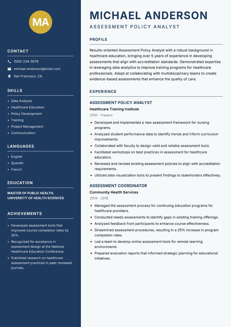 Assessment Policy Analyst resume template — Classic Clean