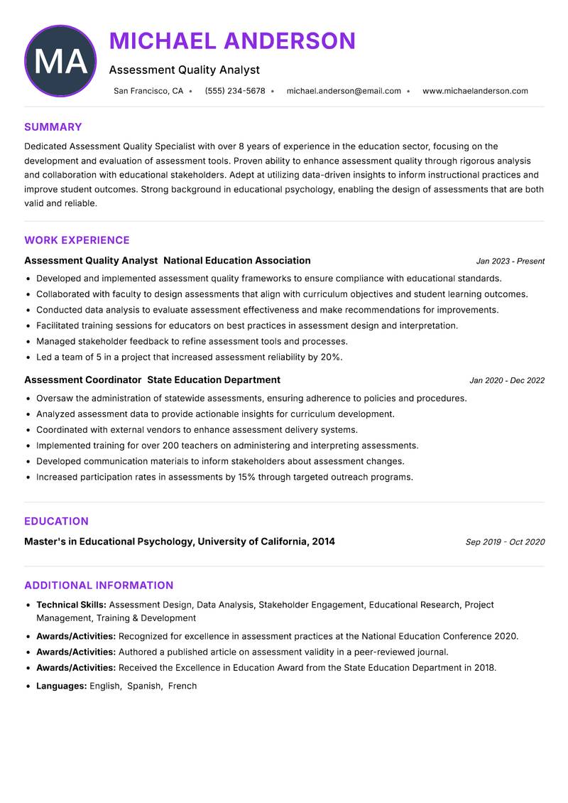 Assessment Quality Specialist resume example — ATS-friendly template